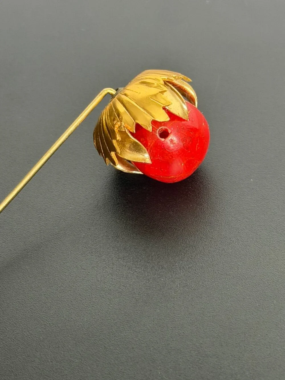 Vintage Red Crackle Glass Hat Pin Gold Tone Flower Stick Pin Victorian Revival